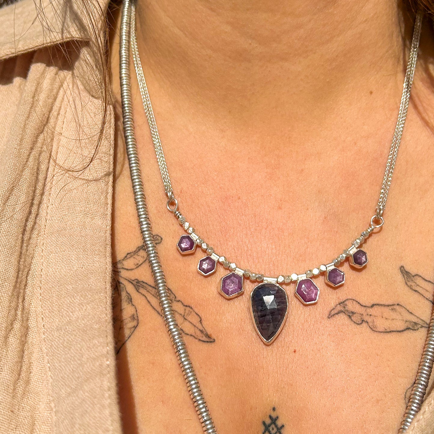 Sapphire & ruby star necklace