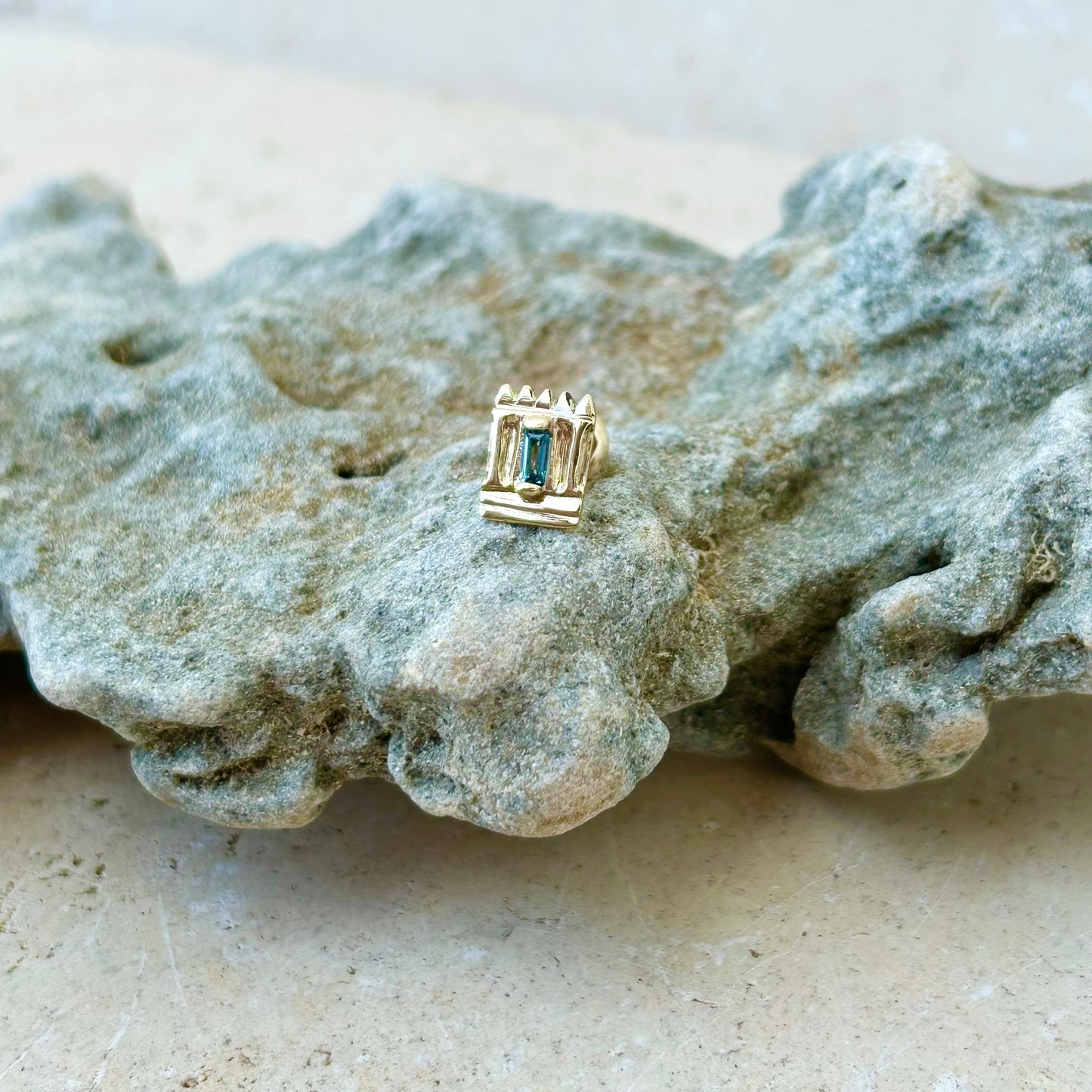 Holy temple single stud 14k gold & blue topaz